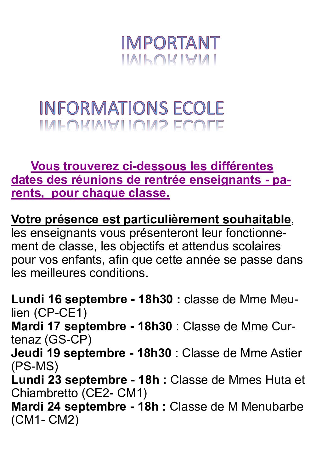 Information rentrée scolaire